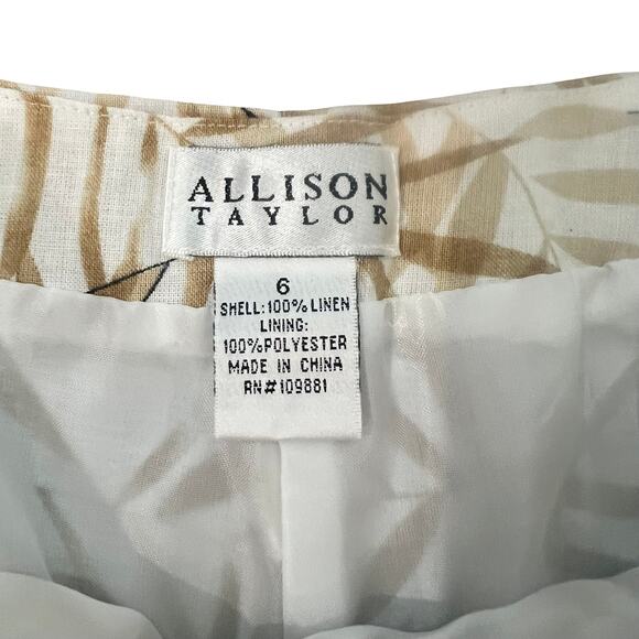 Allison Taylor 100% Linen High Rise Tan White Tropical Leaf Palm Capri Pants 6 - Picture 3 of 7